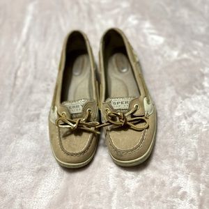 Sperry Top-Sider. Tan with gold accents.